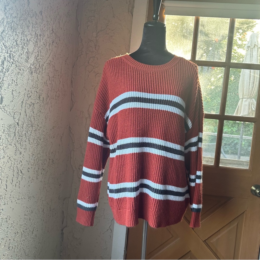 🦋 Nikka K Plus Size Rust Orange w/ Black & White Horizontal Striped Sweater